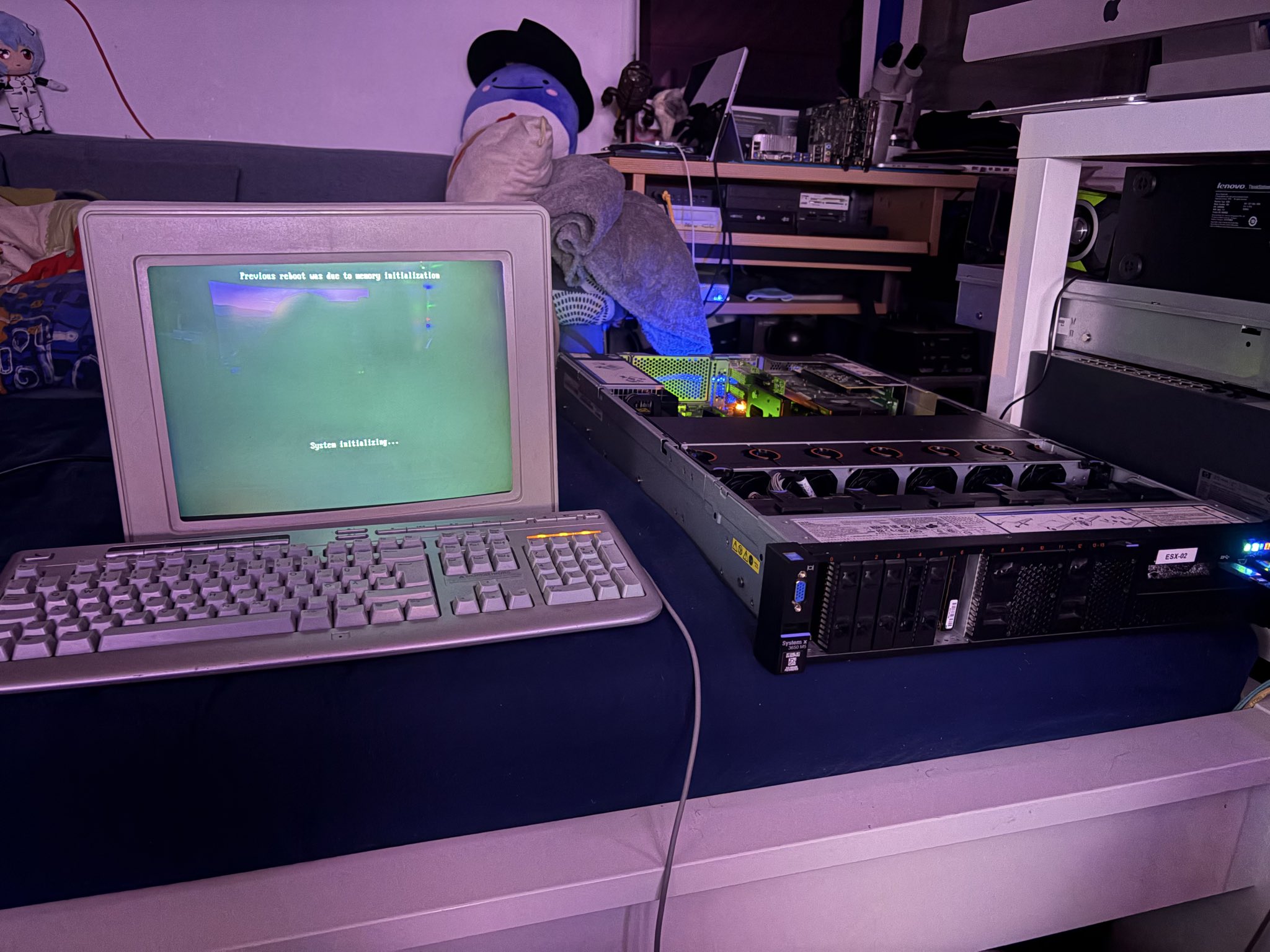 Rack server and CRT monitor on a bed — being set up